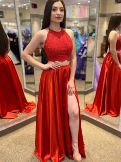 Robe de bal Halter deux pièces sans manches en dentelle robes de soirée