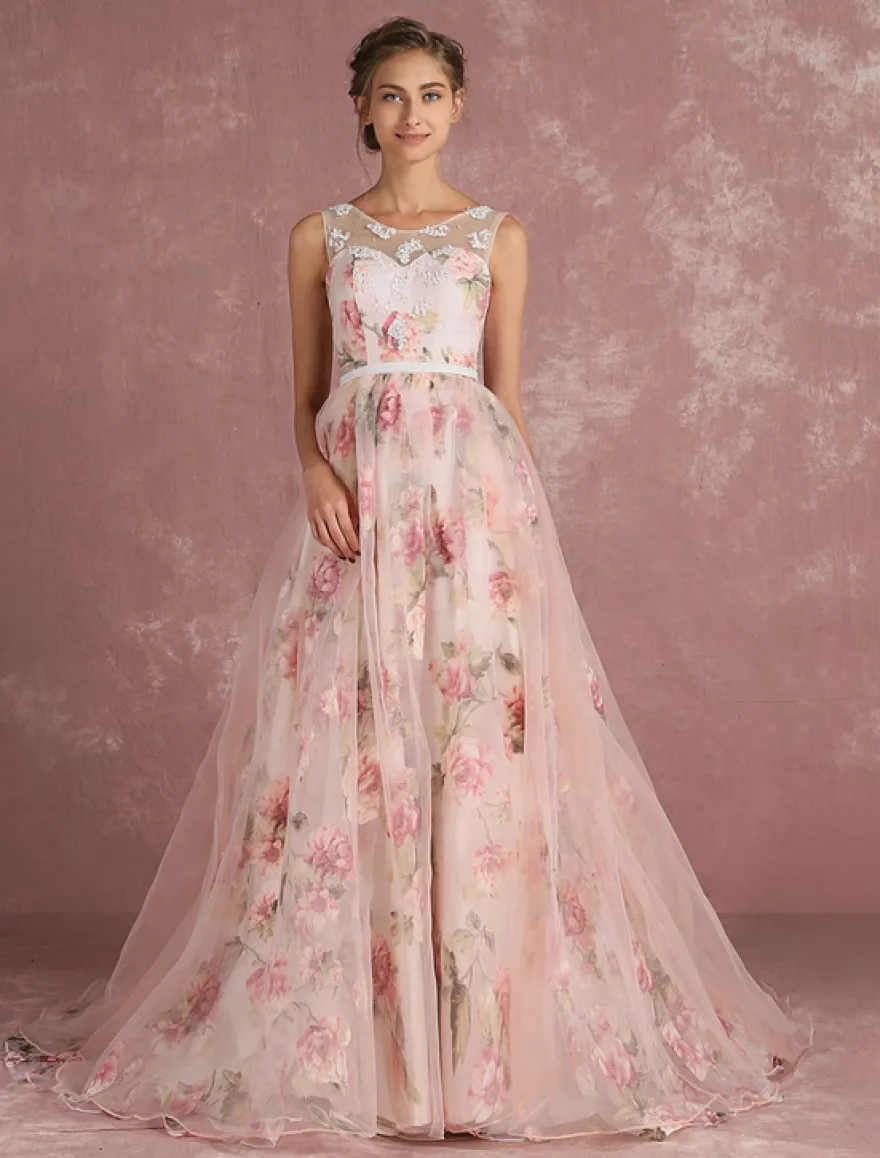 Robe de bal imprimerie floral laçage sur dos à traîne robe cocktail mariage