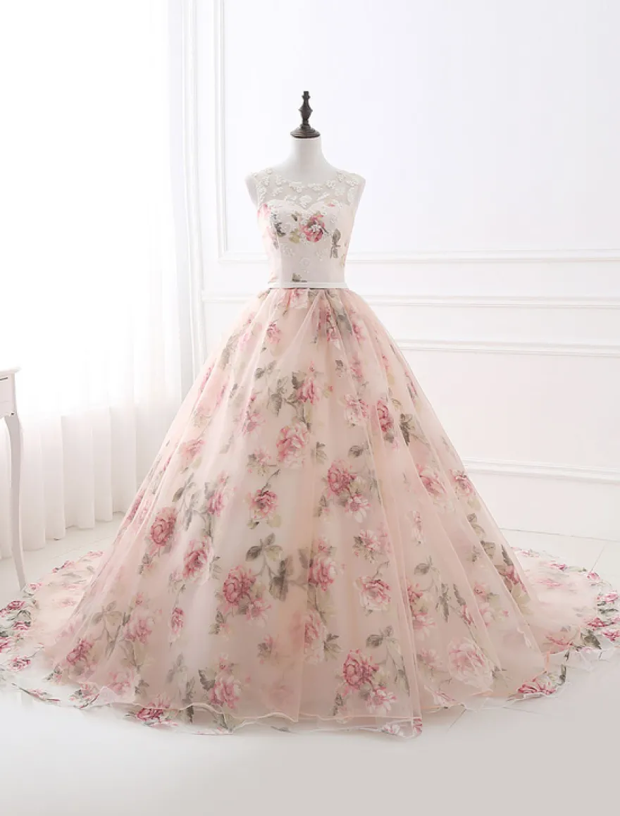 Robe de bal imprimerie floral laçage sur dos à traîne robe cocktail mariage