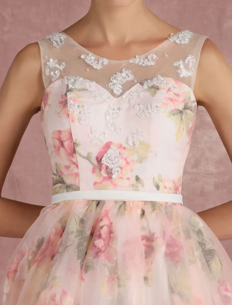 Robe de bal imprimerie floral laçage sur dos à traîne robe cocktail mariage