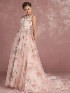 Robe de bal imprimerie floral laçage sur dos à traîne robe cocktail mariage