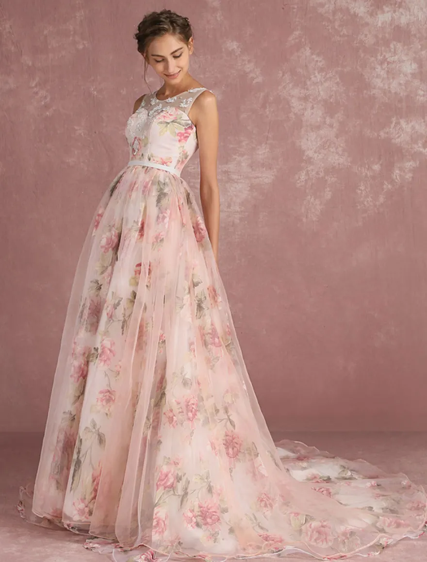 Robe de bal imprimerie floral laçage sur dos à traîne robe cocktail mariage