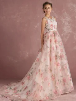 Robe de bal imprimerie floral laçage sur dos à traîne robe cocktail mariage