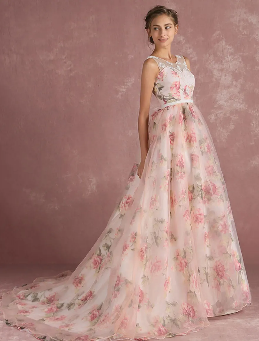 Robe de bal imprimerie floral laçage sur dos à traîne robe cocktail mariage