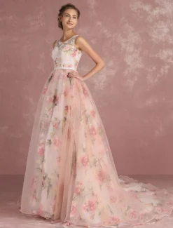 Robe de bal imprimerie floral laçage sur dos à traîne robe cocktail mariage