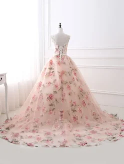Robe de bal imprimerie floral laçage sur dos à traîne robe cocktail mariage