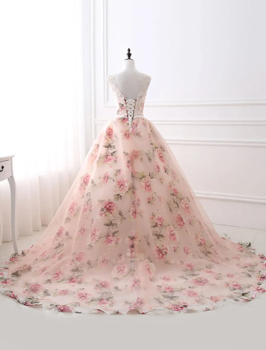 Robe de bal imprimerie floral laçage sur dos à traîne robe cocktail mariage