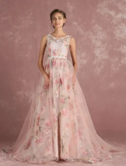Robe de bal imprimerie floral laçage sur dos à traîne robe cocktail mariage