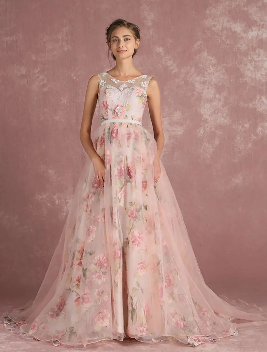 Robe de bal imprimerie floral laçage sur dos à traîne robe cocktail mariage