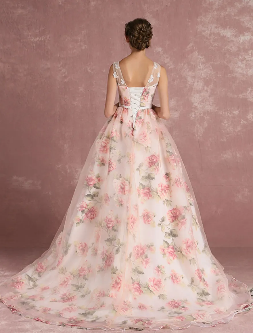 Robe de bal imprimerie floral laçage sur dos à traîne robe cocktail mariage