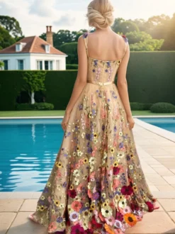 Robe de bal imprimerie Robe de soirée à bretelle zip sur dos au sol