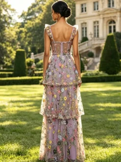 Robe de bal lavande poudré en tulle brodé de fleurs bretelles à volants corset dos en résille fente haute à plusieurs niveaux robe maxi d'invitée de mariage