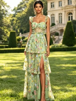 Robe de bal lavande poudré en tulle brodé de fleurs bretelles à volants corset dos en résille fente haute à plusieurs niveaux robe maxi d'invitée de mariage