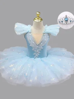 Robe de ballet bleu ciel clair pour fille ornée d'appliqués neige en polyester idéale pour les spectacles.