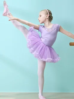 Robe de ballet rose fille enfant danseuse découpée volants oeuvre plissée mélange de coton robe tunique vêtements de performance