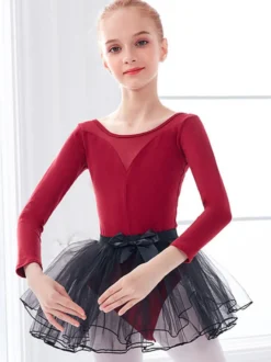 Robe de ballet rouge danseuse enfants arcs plissé bloc de couleur plissé mélange de coton combinaison ensemble vêtements de danse fille costume de danse