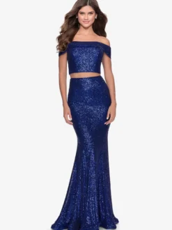 Robe de bal pailletée col bateau sirène sans manches robes de concours