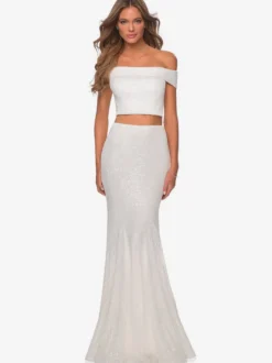 Robe de bal pailletée col bateau sirène sans manches robes de concours
