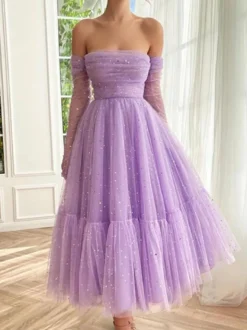 Robe de bal à paillettes col bateau tulle longueur cheville robe mi-longue