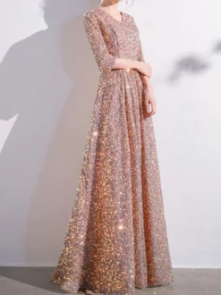Robe de bal à paillettes col en V demi-manches robes de soirée