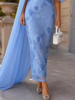 Robe de bal pour invitée de mariage décolleté travaillé mousseline manches mi-longues dentelle robe de mère de la mariée