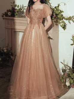 Robe de bal 2026 robe de bal marron épaules dénudées tulle manches courtes perlées longueur au sol robes de reconstitution historique robes d'invité de mariage personnalisation gratuite