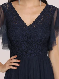 Robe de bal robe de cocktail mariage col V manche courte au sol