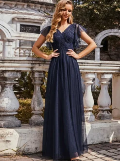 Robe de bal robe de cocktail mariage col V manche courte au sol
