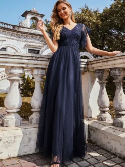 Robe de bal robe de cocktail mariage col V manche courte au sol