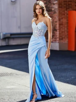 Robe de bal robe de soirée bustier zip sur dos haut en dentelle jupe fendue en satin au sol
