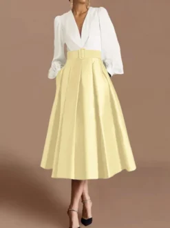 Robe de bal robe de soirée col en V satin manches longues ceinture robe de concours