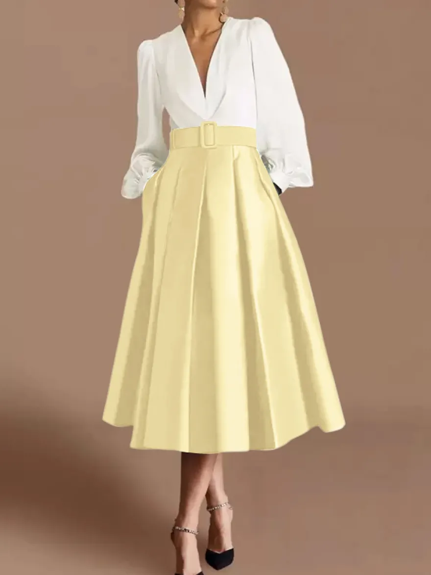 Robe de bal robe de soirée col en V satin manches longues ceinture robe de concours