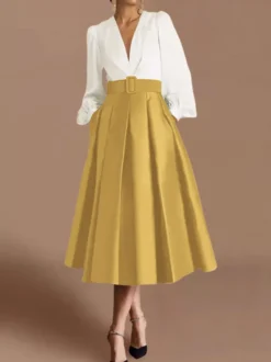 Robe de bal robe de soirée col en V satin manches longues ceinture robe de concours