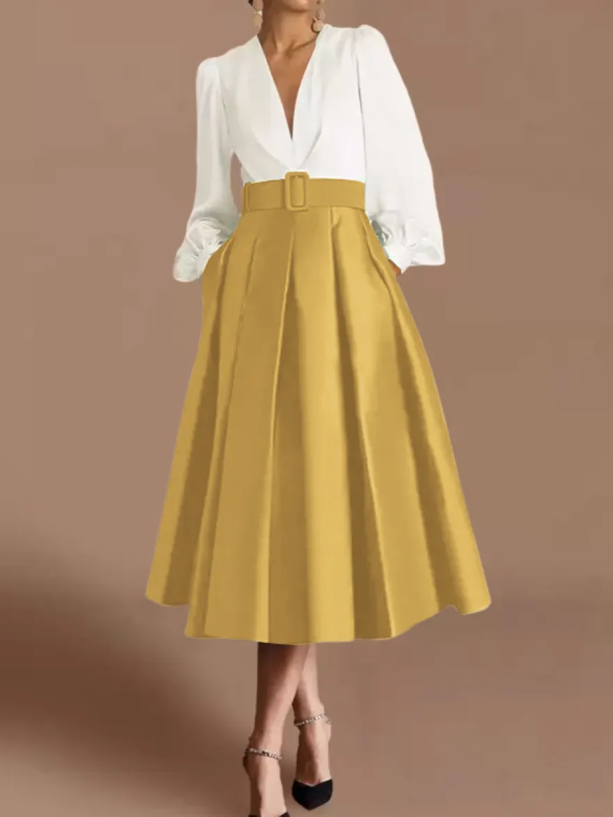 Robe de bal robe de soirée col en V satin manches longues ceinture robe de concours