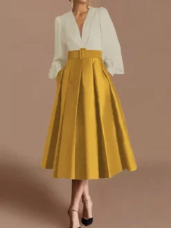 Robe de bal robe de soirée col en V satin manches longues ceinture robe de concours