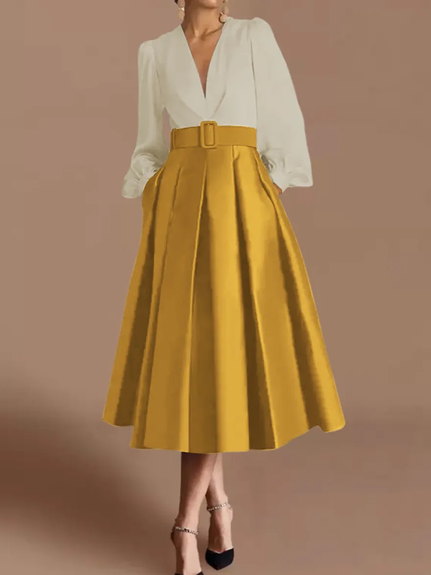 Robe de bal robe de soirée col en V satin manches longues ceinture robe de concours