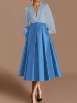 Robe de bal robe de soirée col en V satin manches longues ceinture robe de concours