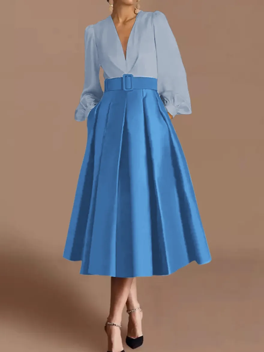 Robe de bal robe de soirée col en V satin manches longues ceinture robe de concours
