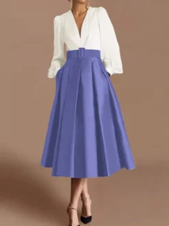 Robe de bal robe de soirée col en V satin manches longues ceinture robe de concours