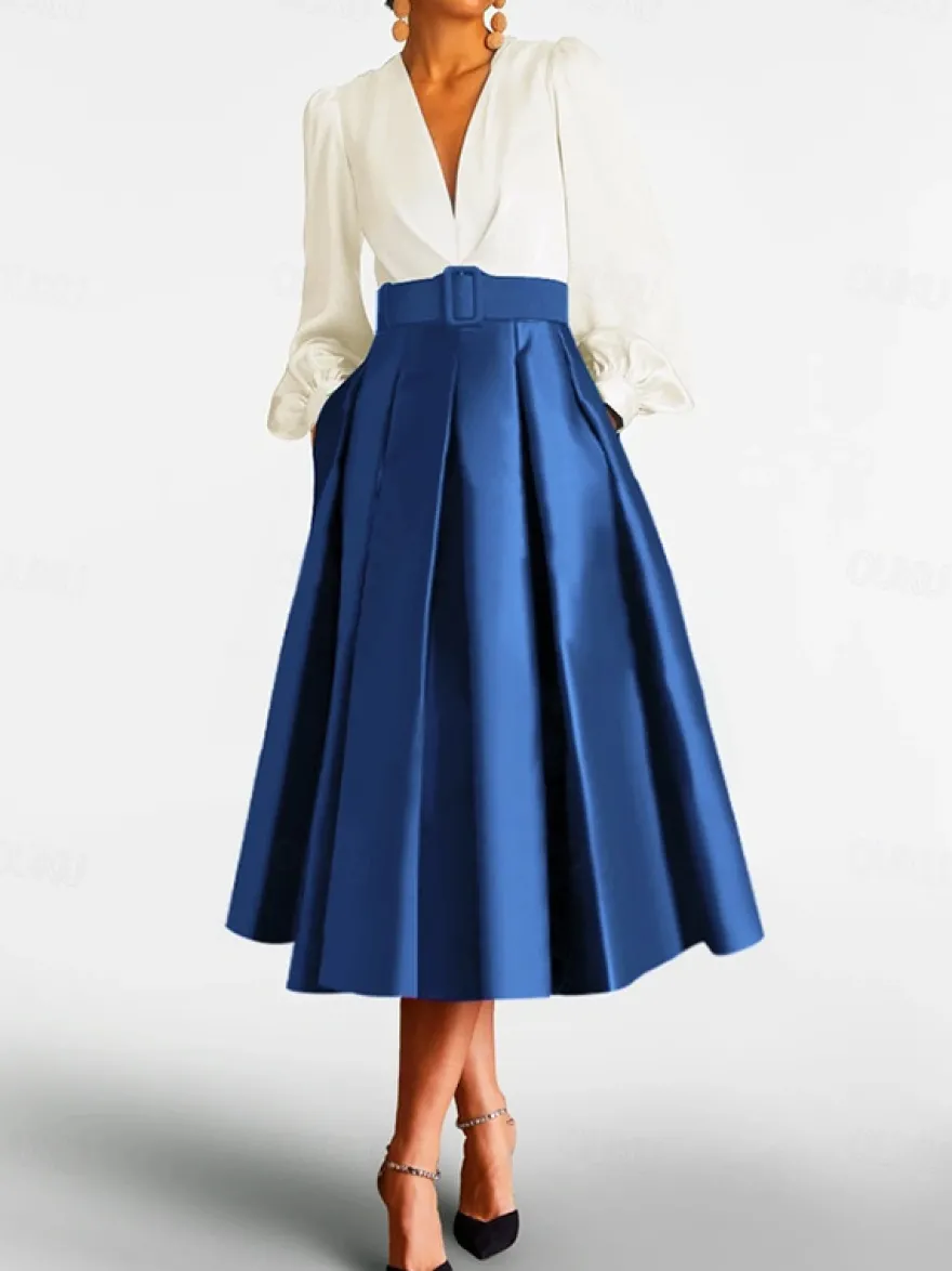 Robe de bal robe de soirée col en V satin manches longues ceinture robe de concours