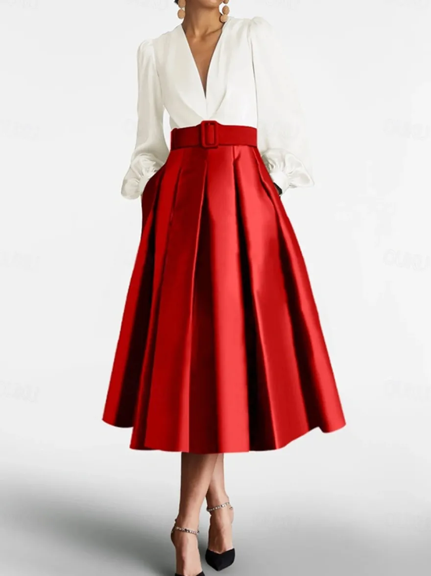 Robe de bal robe de soirée col en V satin manches longues ceinture robe de concours