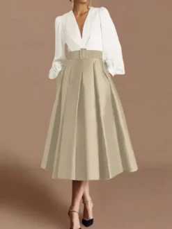 Robe de bal robe de soirée col en V satin manches longues ceinture robe de concours