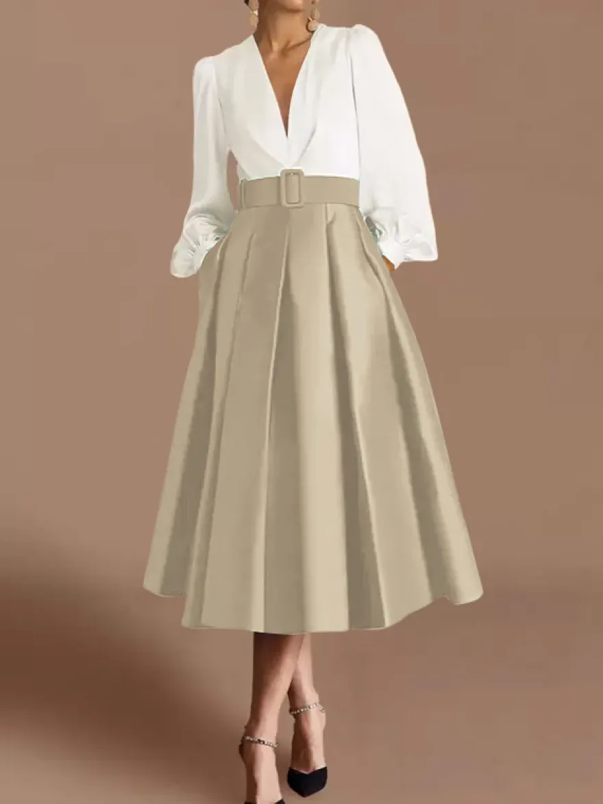 Robe de bal robe de soirée col en V satin manches longues ceinture robe de concours