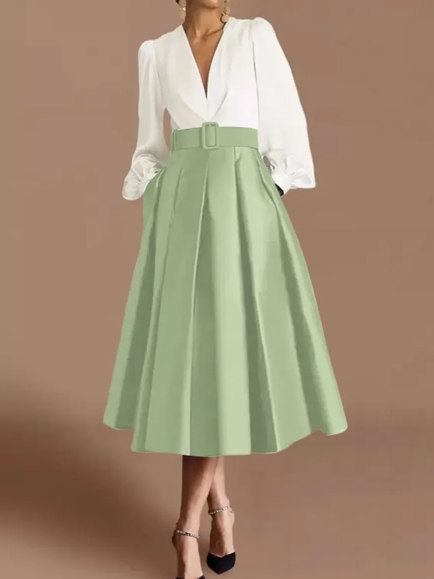 Robe de bal robe de soirée col en V satin manches longues ceinture robe de concours