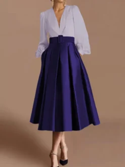 Robe de bal robe de soirée col en V satin manches longues ceinture robe de concours