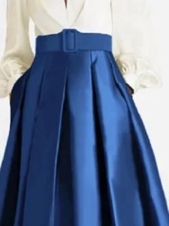 Robe de bal robe de soirée col en V satin manches longues ceinture robe de concours