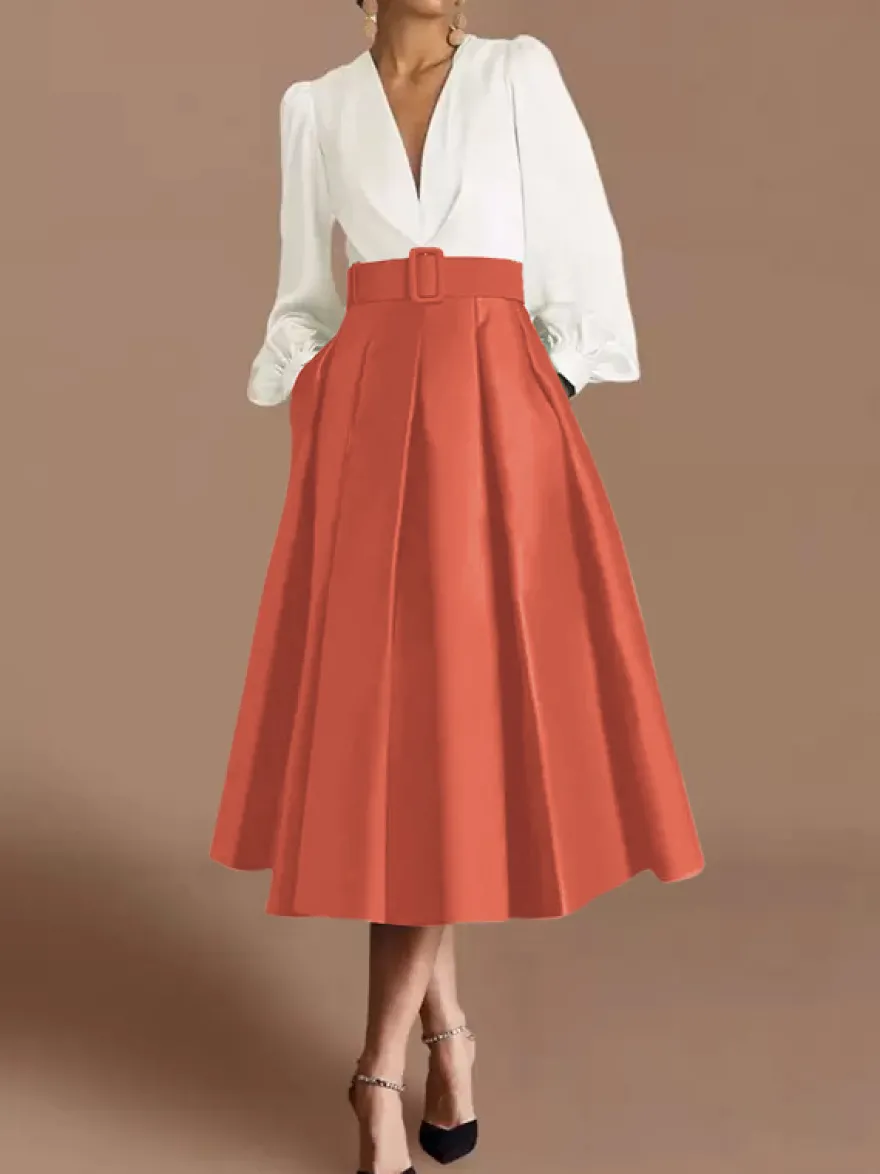Robe de bal robe de soirée col en V satin manches longues ceinture robe de concours