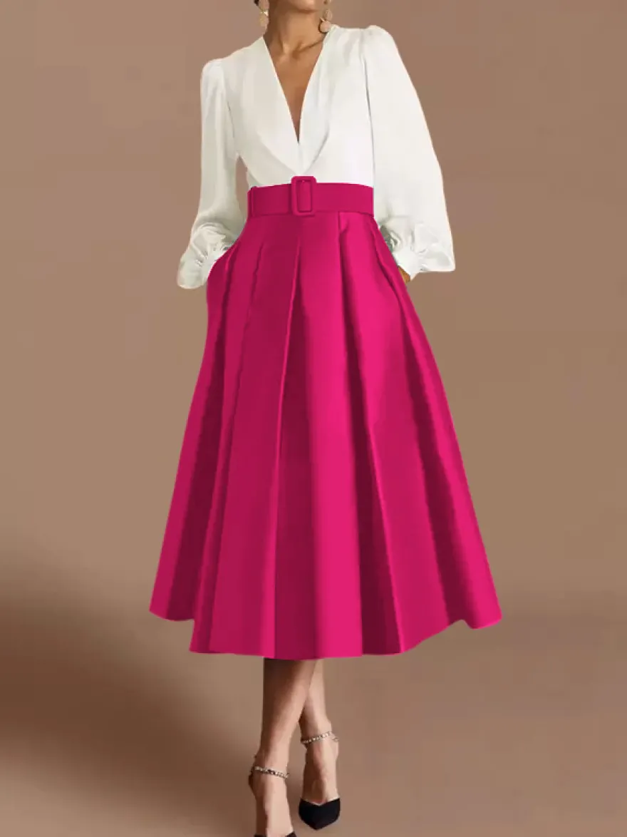 Robe de bal robe de soirée col en V satin manches longues ceinture robe de concours