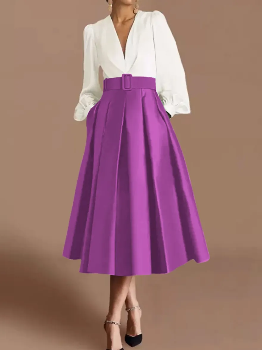 Robe de bal robe de soirée col en V satin manches longues ceinture robe de concours