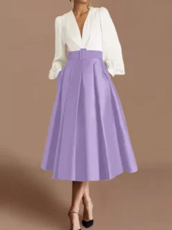 Robe de bal robe de soirée col en V satin manches longues ceinture robe de concours